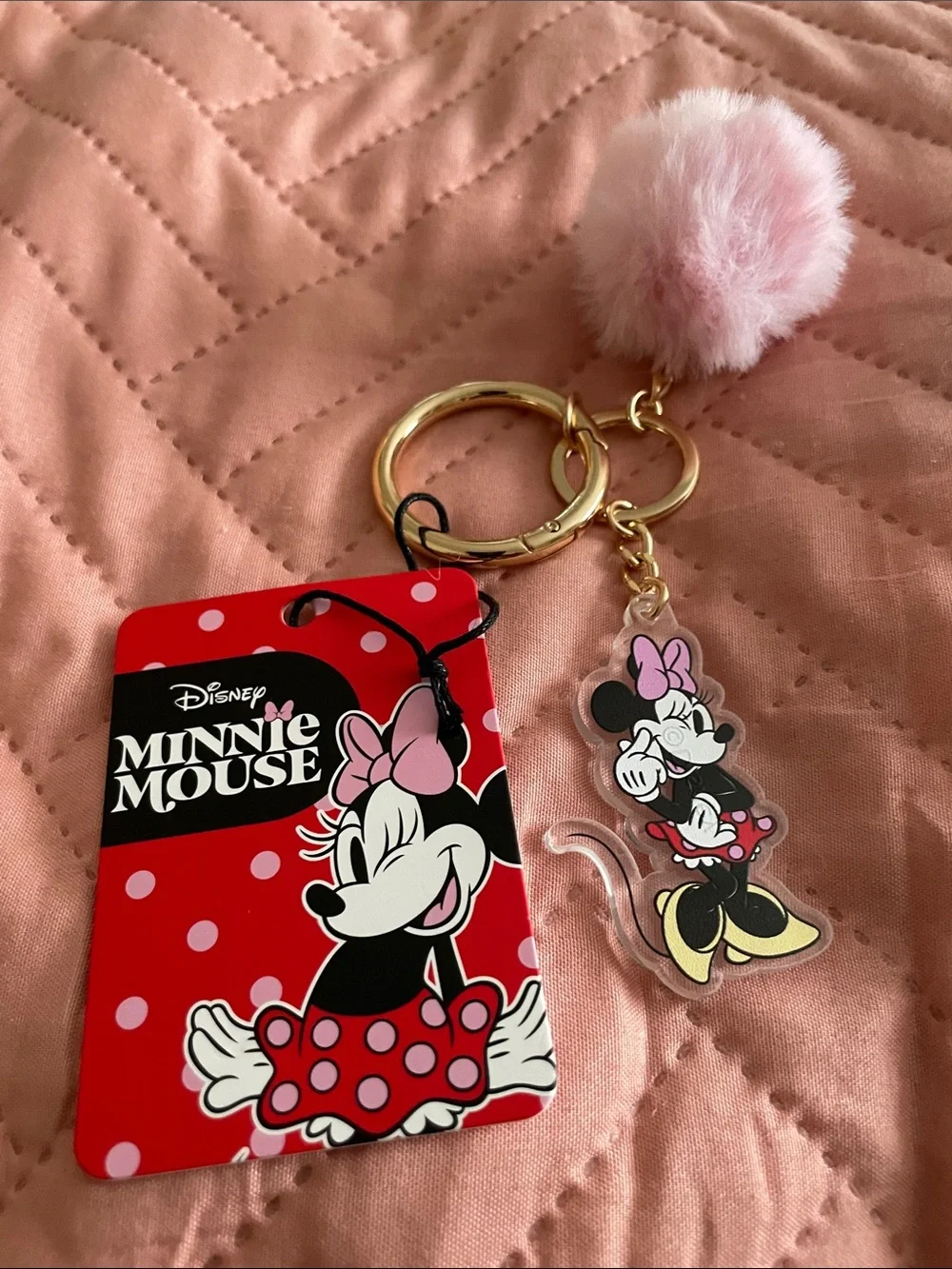 Disney Minnie Mouse Pink Pom Keychain with Red Tag and Gold Hardware